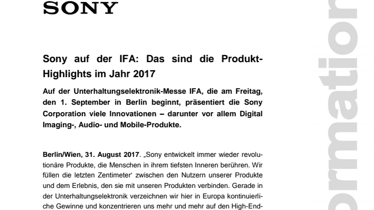 Sony auf der IFA: Das sind die Produkt-Highlights im Jahr 2017