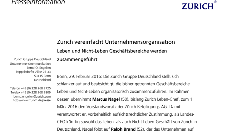 Zurich vereinfacht Unternehmensorganisation - Leben und Nicht-Leben Geschäftsbereiche werden zusammengeführt