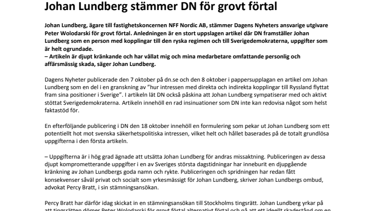 Johan Lundberg stämmer DN för grovt förtal