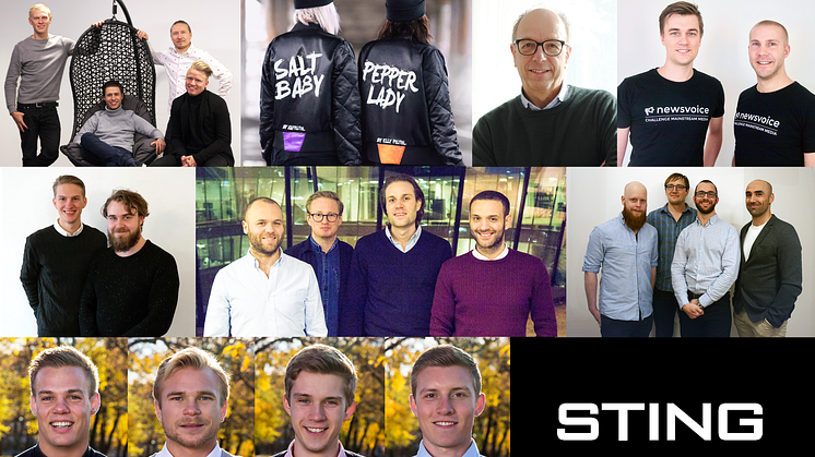 Teamen i STING Accelerate våren 2017 (från vänster, övre raden): Wehype, Elly Pistol, Adoveo, Newsvoice, Vyer Technologies, Privlic, Medpeople och Just Football