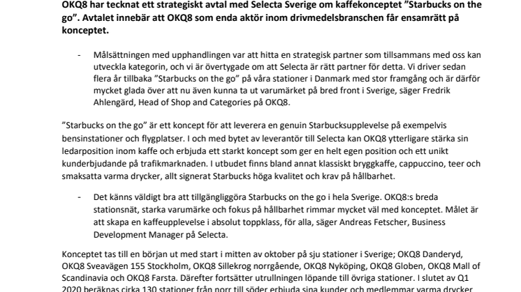 Avtal med Selecta ger OKQ8 ensamrätt på ”Starbucks on the go” 