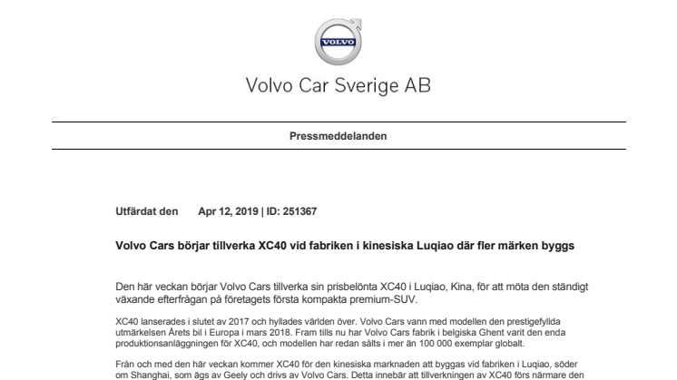 Volvo Cars börjar tillverka XC40 vid fabriken i kinesiska Luqiao där fler märken byggs