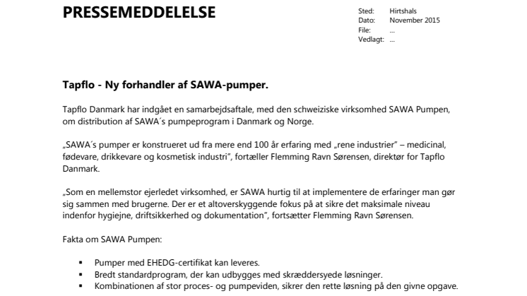 Tapflo - Ny forhandler af SAWA-pumper.