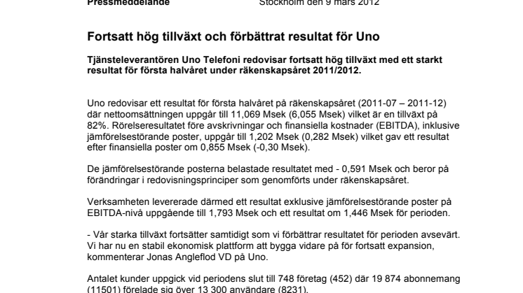 Fortsatt hög tillväxt och förbättrat resultat för Uno