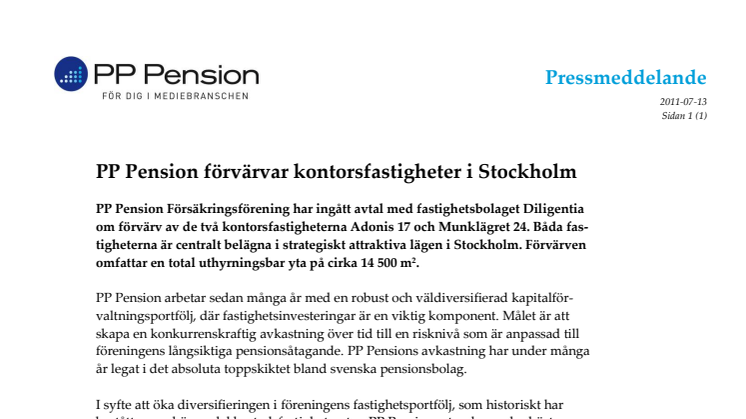 PP Pension förvärvar kontorsfastigheter i Stockholm