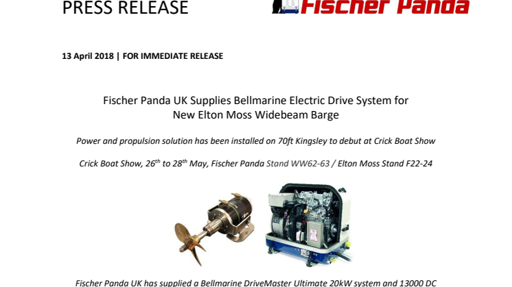 Fischer Panda UK Supplies Bellmarine Electric Drive System for  New Elton Moss Widebeam Barge