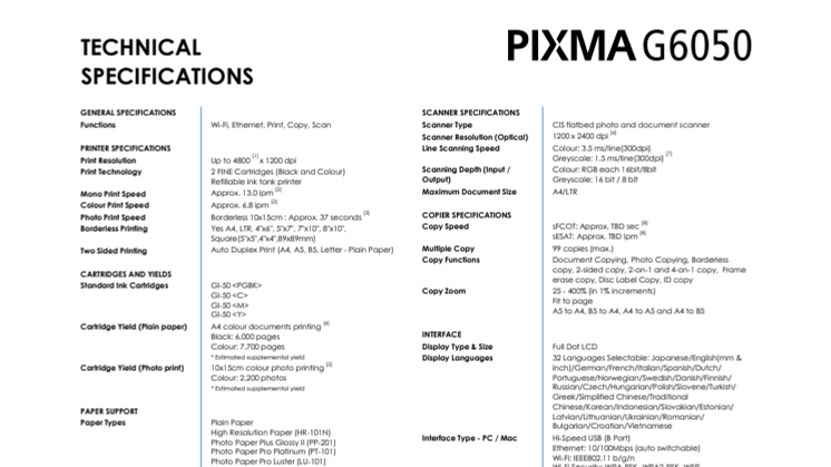 PIXMA G6050 Spec Sheet