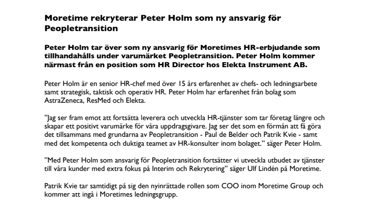 Moretime rekryterar Peter Holm som ny ansvarig för Peopletransition