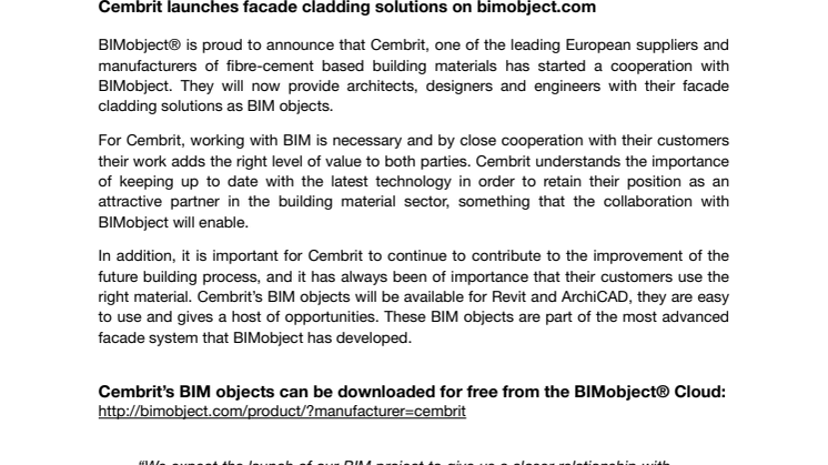 Cembrit launches facade cladding solutions on bimobject.com