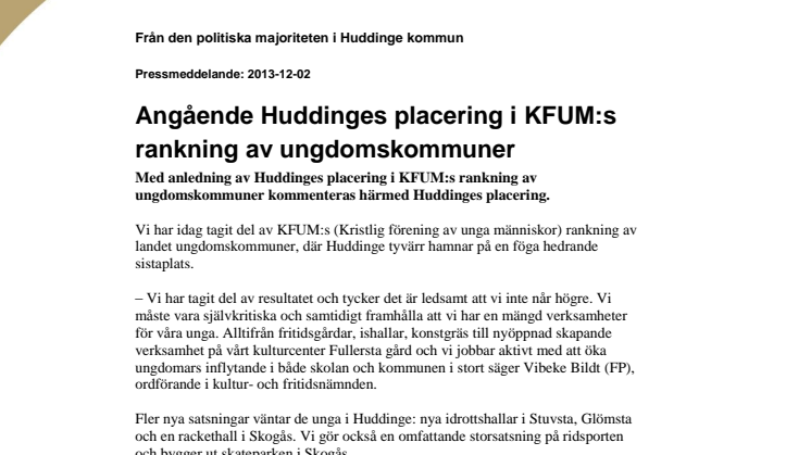 Angående Huddinges placering i KFUM:s rankning av ungdomskommuner