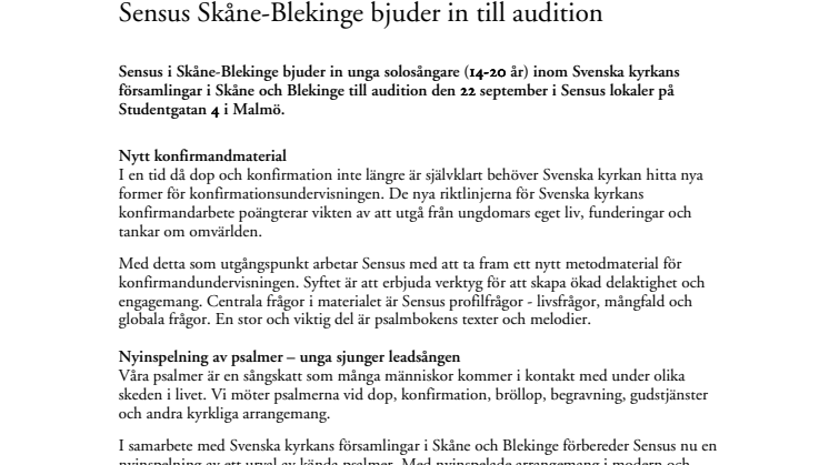 Sensus Skåne-Blekinge bjuder in till audition