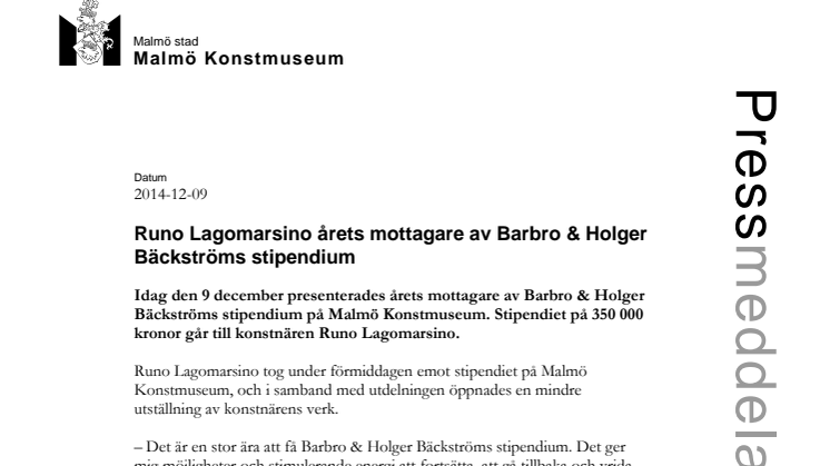 ​Runo Lagomarsino årets mottagare av Barbro & Holger Bäckströms stipendium