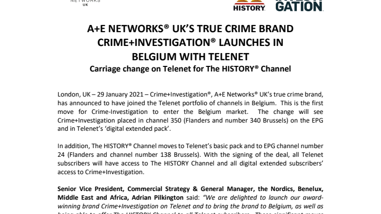 PRESS RELEASE | A+E NETWORKS® UK’S TRUE CRIME BRAND CRIME+INVESTIGATION® LAUNCHES IN BELGIUM WITH TELENET