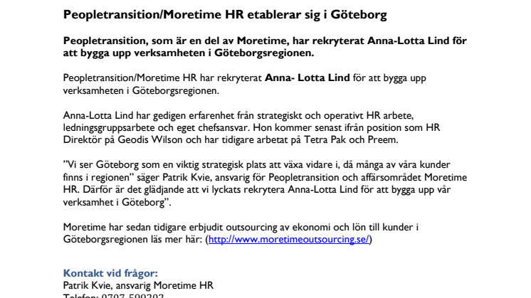 Peopletransition/Moretime HR etablerar sig i Göteborg