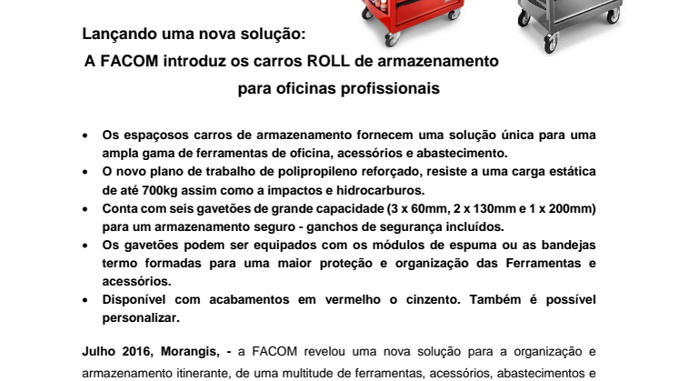 Lançando uma nova solução:  A FACOM® introduz os carros ROLL de armazenamento para oficinas profissionais
