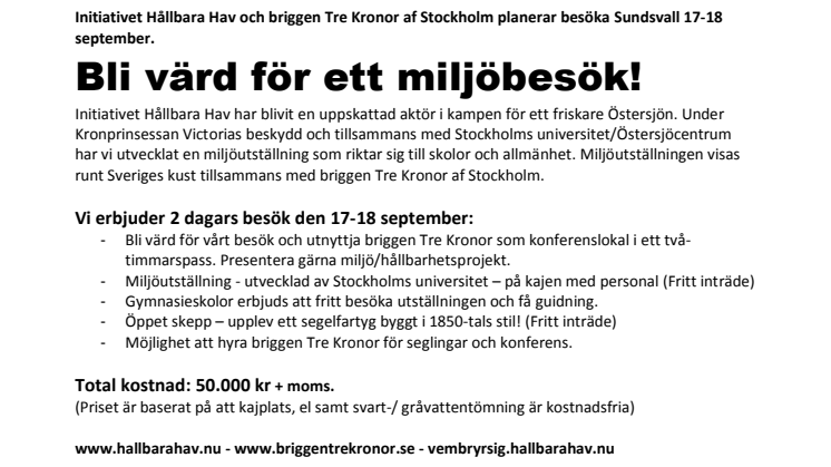 Initiativet Hållbara Hav och briggen Tre Kronor besöker Sundsvall 17-18 september