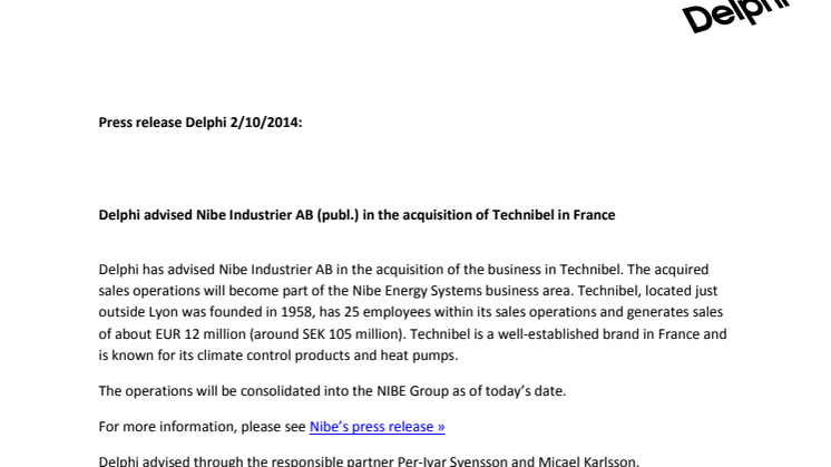 Delphi advised Nibe Industrier AB (publ.) in the acquisition of Technibel in France