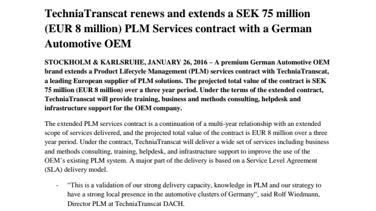 TechniaTranscat renews and extends a SEK 75 million (EUR 8 million) PLM Services contract with a German Automotive OEM 
