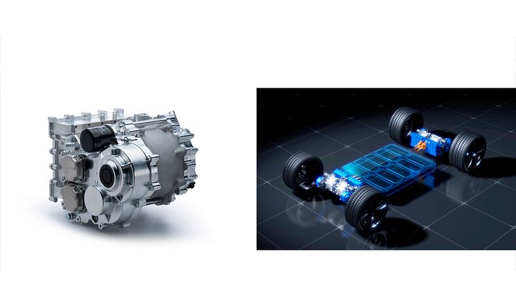 (LEFT) 350 kW class electric motor prototype, (RIGHT) Unit installation image (350kW class unit x 4)