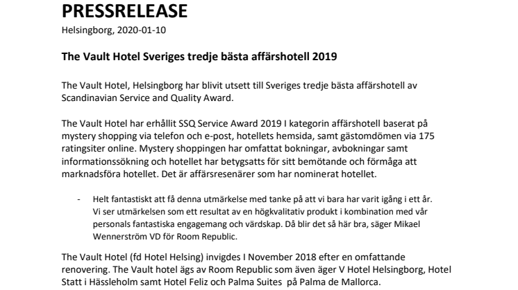 The Vault Hotel Sveriges tredje bästa affärshotell 2019