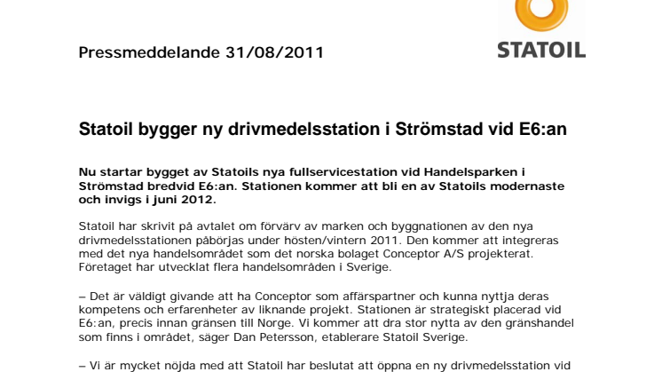 Statoil bygger ny drivmedelsstation i Strömstad vid E6:an