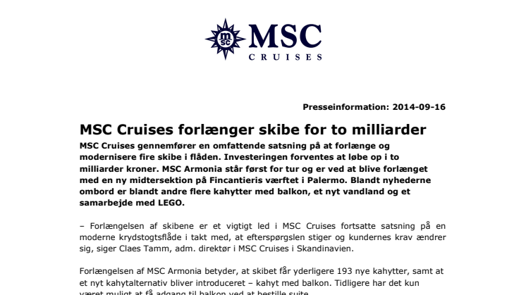 MSC Cruises forlænger skibe for to milliarder 