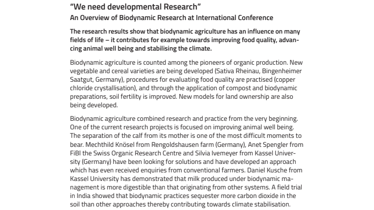 “We need developmental Research”. An Overview of Biodynamic Research at International Conference