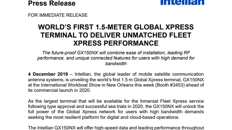 WORLD’S FIRST 1.5-METER GLOBAL XPRESS TERMINAL TO DELIVER UNMATCHED FLEET XPRESS PERFORMANCE
