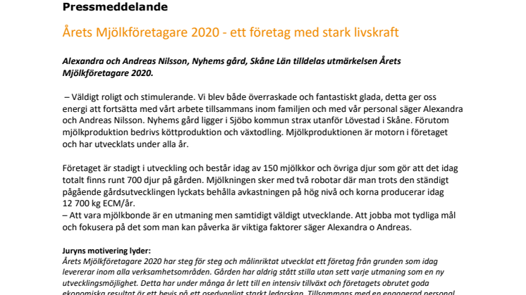 Årets Mjölkföretagare 2020 - ett företag med stark livskraft