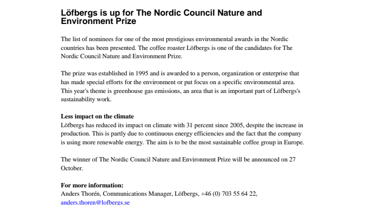 Löfbergs is up for The Nordic Council Nature and Environment Prize