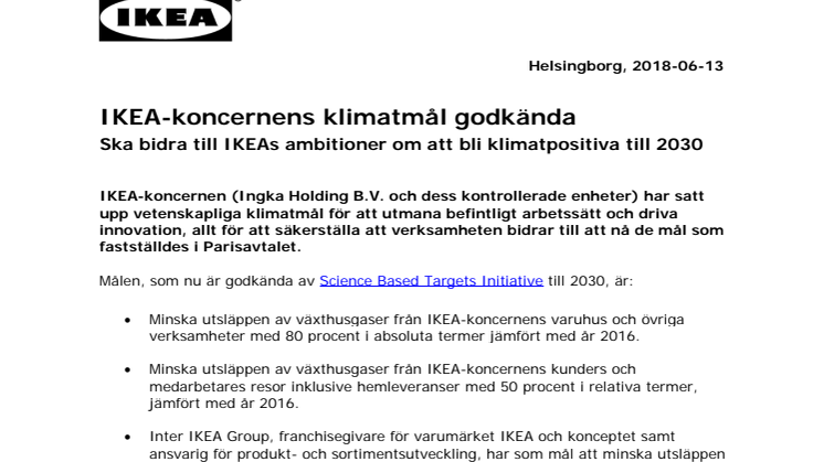 IKEA-koncernens klimatmål godkända, ska bidra till IKEAs ambitioner om att bli klimatpositiv senast 2030