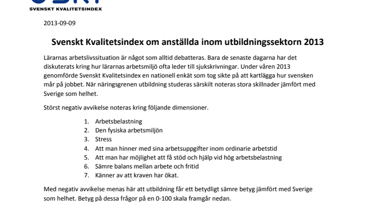 Svenskt Kvalitetsindex om anställda inom utbildningssektorn 2013
