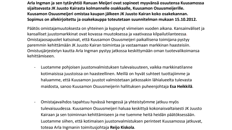 JK Juusto Kaira Oy siirtyy Kuusamon Osuusmeijerin omistukseen