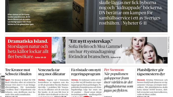 Dagens Nyheters förstasida 20 maj
