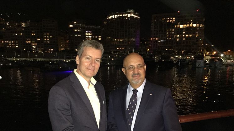 Inmarsat has appointed SSI-Monaco as a reseller of its Fleet Xpress service. Pictured at Monaco Yacht Show are (L-R): Inmarsat's Rob Myers and Dr. Ilhami Aygun, from SSI-Monaco 