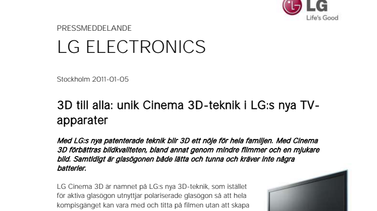 3D till alla: unik Cinema 3D-teknik i LG:s nya TV-apparater