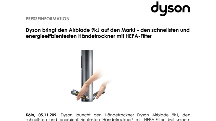 Dyson bringt den Airblade 9kJ auf den Markt  – den schnellsten und energieeffizientesten Händetrockner mit HEPA-Filter 