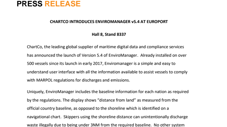 ChartCo- CHARTCO INTRODUCES ENVIROMANAGER v5.4 AT EUROPORT 