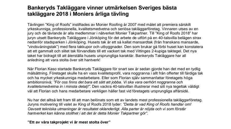 Bankeryds Takläggare vinner utmärkelsen Sveriges bästa takläggare 2018 i Moniers årliga tävling