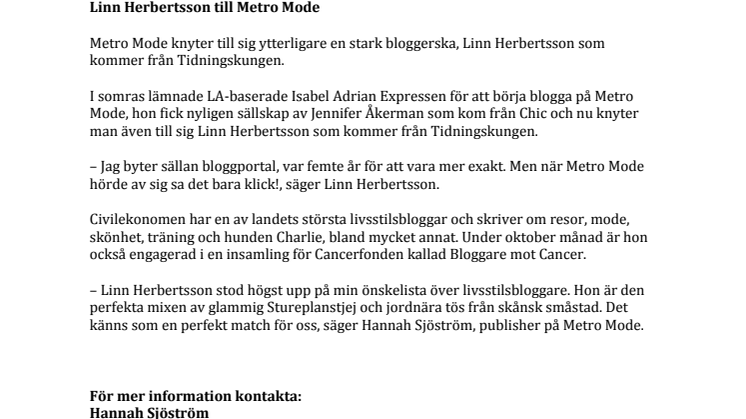 Linn Herbertsson till Metro Mode 