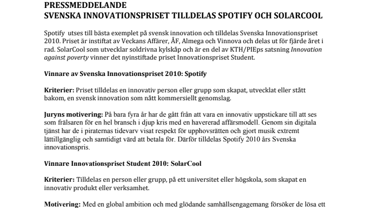 SVENSKA INNOVATIONSPRISET TILLDELAS SPOTIFY OCH SOLARCOOL