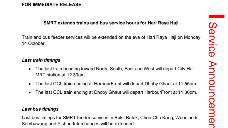 SMRT extends trains and bus service hours for Hari Raya Haji
