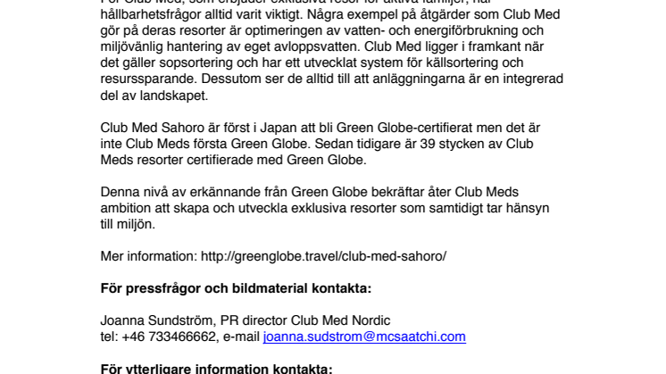Club Med får Japans första Green Globe-utmärkelse