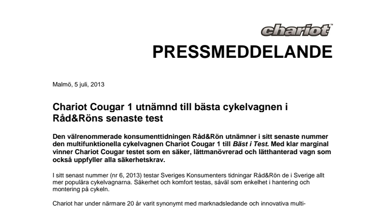 Chariot Cougar 1 utnämnd till bästa cykelvagnen i Råd&Röns senaste test