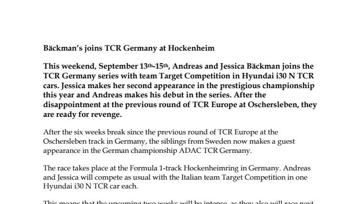 Bäckman’s joins TCR Germany at Hockenheim