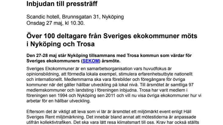 Inbjudan till pressträff: Över 100 deltagare från Sveriges ekokommuner möts  i Nyköping och Trosa