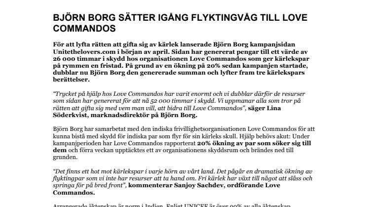 BJÖRN BORG SÄTTER IGÅNG FLYKTINGVÅG TILL LOVE COMMANDOS