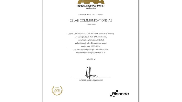 Celab erhåller AAA-gulddiplom