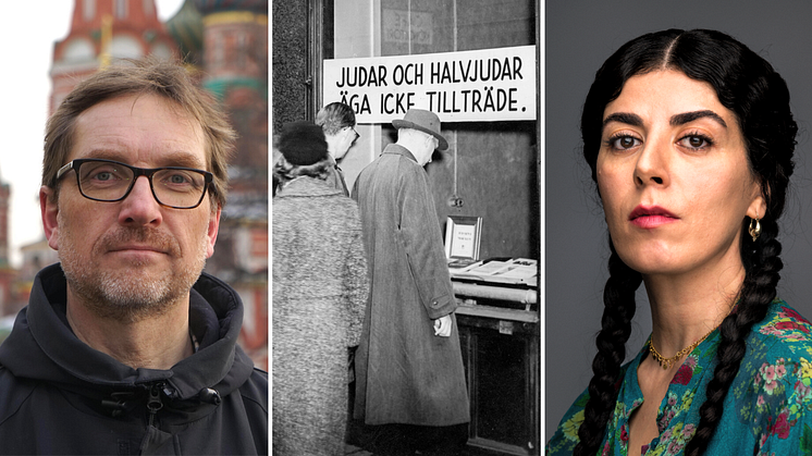 Black Ribbon Day på Stadsbiblioteket gästas bland annat av författarna Per Enerud och Ala Riani som belyser två totalitära regimer. Foto: Privat (Enerud), Historisk bildbyrå Karl Sandels samling (skyltfönster), och Viktor Gårdsäter (Riani).