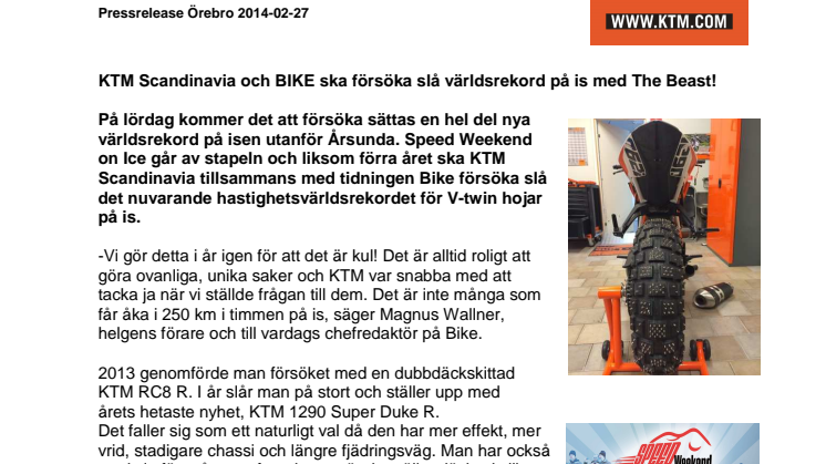 KTM Scandinavia och BIKE ska försöka slå världsrekord på is med The Beast!